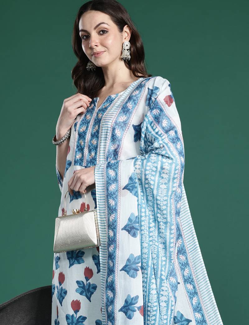 White pure cotton printed kurta trouser dupatta set