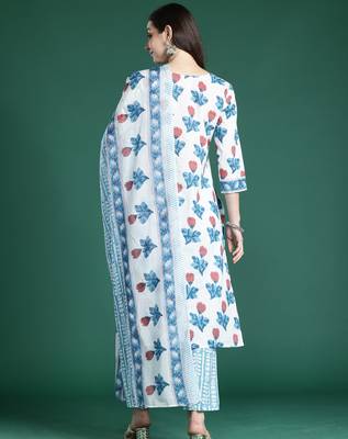 White pure cotton printed kurta trouser dupatta set 2