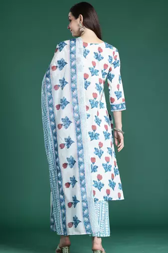 White pure cotton printed kurta trouser dupatta set