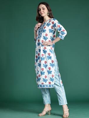White pure cotton printed kurta trouser dupatta set 3