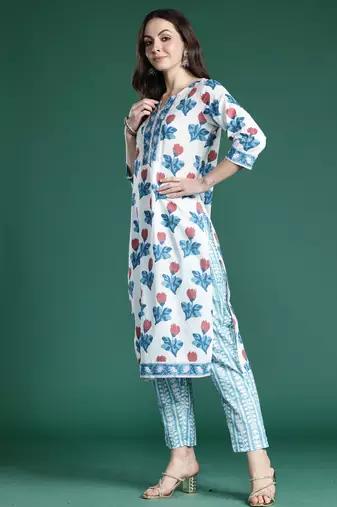White pure cotton printed kurta trouser dupatta set