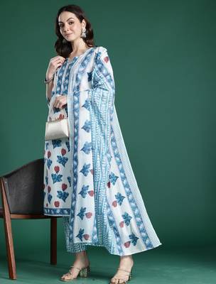White pure cotton printed kurta trouser dupatta set 4