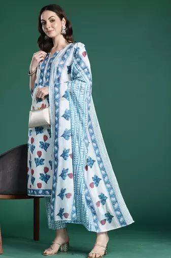 White pure cotton printed kurta trouser dupatta set