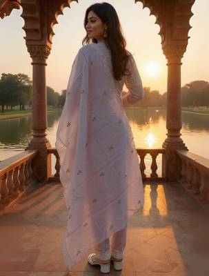 Lavender pure cotton embroidered kurta trouser dupatta set 3