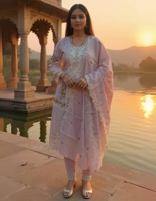 Lavender pure cotton embroidered kurta trouser dupatta set 1