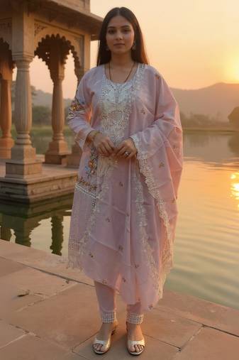 Lavender pure cotton embroidered kurta trouser dupatta set