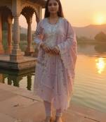 Lavender pure cotton embroidered kurta trouser dupatta set