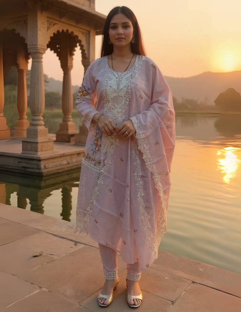 Lavender pure cotton embroidered kurta trouser dupatta set