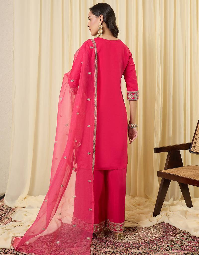 Pink silk blend embroidered kurta trouser dupatta set