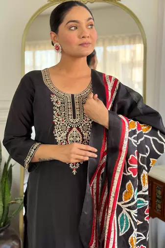 Black silk blend embroidered kurta trouser dupatta set