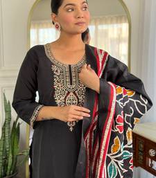 Black silk blend embroidered kurta trouser dupatta set