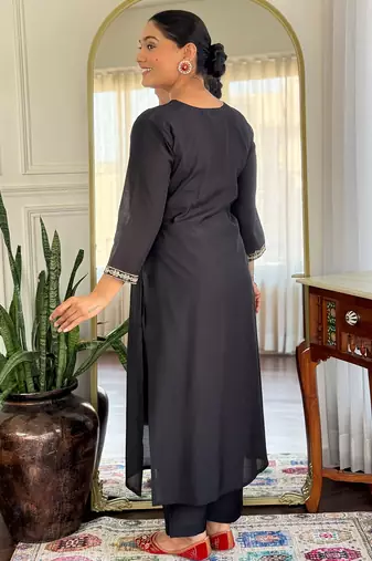 Black silk blend embroidered kurta trouser dupatta set