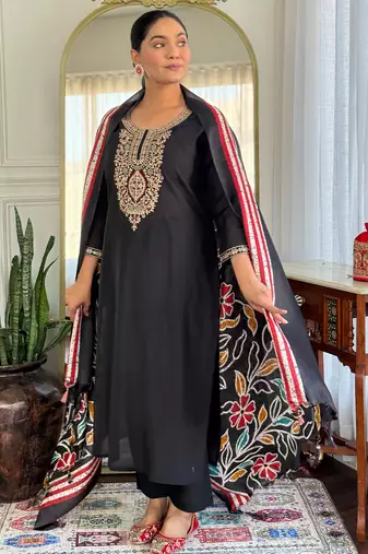 Black silk blend embroidered kurta trouser dupatta set
