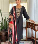 Black silk blend embroidered kurta trouser dupatta set