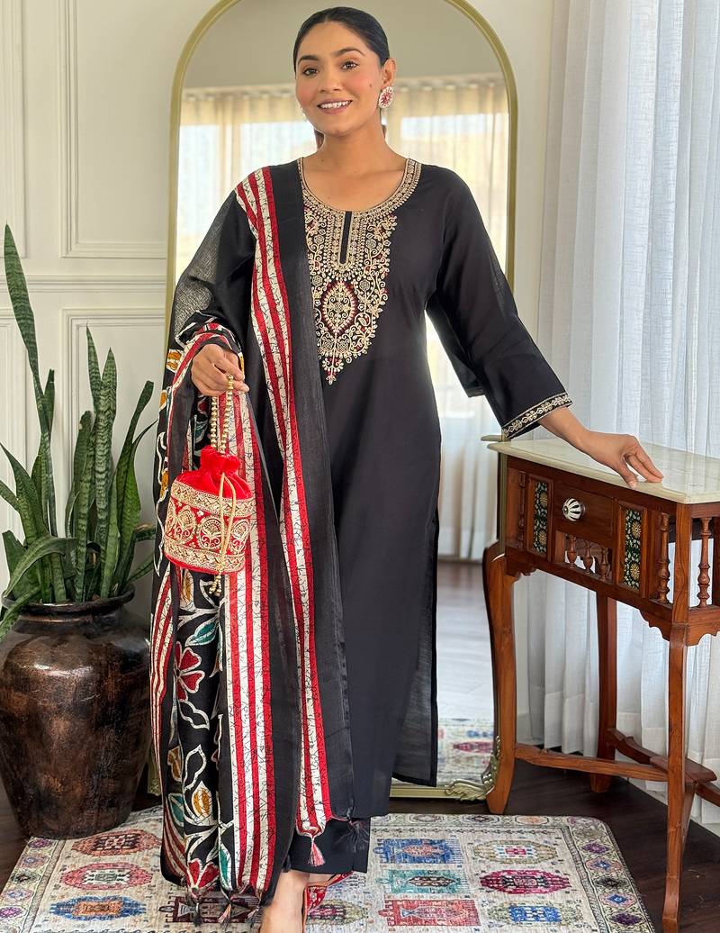 Black silk blend embroidered kurta trouser dupatta set