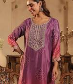 Pink silk blend embroidered kurta trouser dupatta set