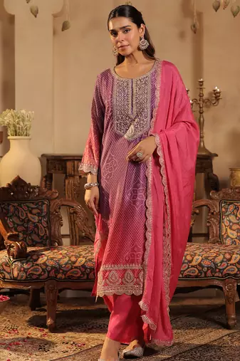Pink silk blend embroidered kurta trouser dupatta set