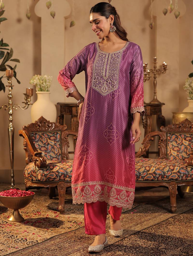 Pink silk blend embroidered kurta trouser dupatta set