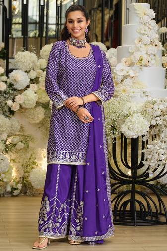 Purple silk blend embroidered kurta trouser dupatta set