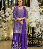 Purple silk blend embroidered kurta trouser dupatta set