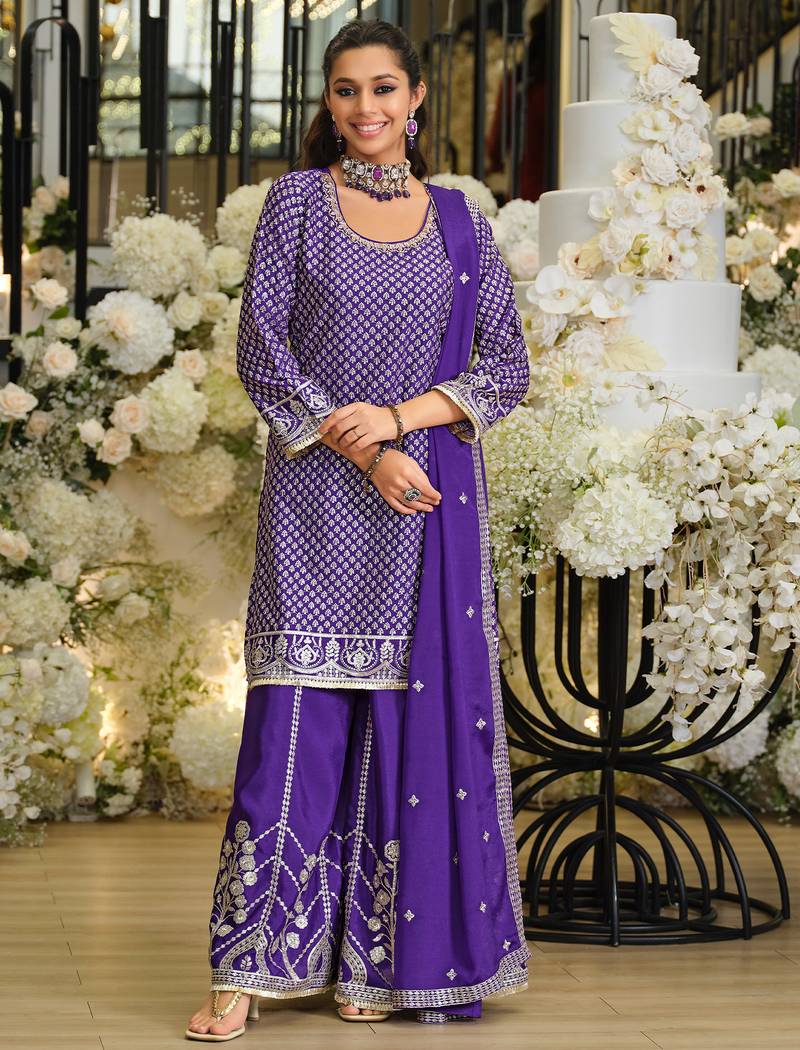Purple silk blend embroidered kurta trouser dupatta set