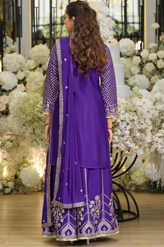 Purple silk blend embroidered kurta trouser dupatta set