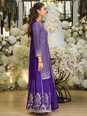 Purple silk blend embroidered kurta trouser dupatta set 3