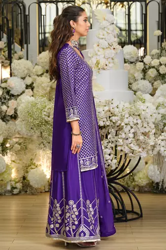 Purple silk blend embroidered kurta trouser dupatta set