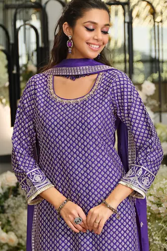 Purple silk blend embroidered kurta trouser dupatta set