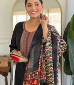 Black silk blend embroidered kurta trouser dupatta set