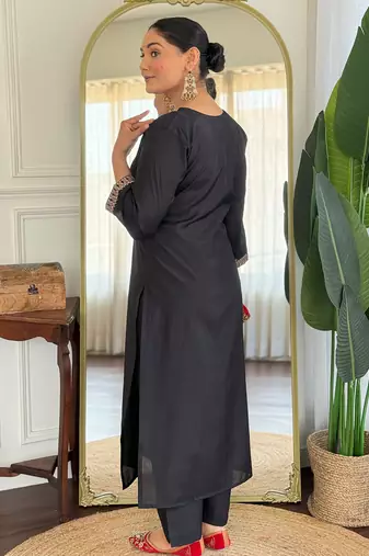 Black silk blend embroidered kurta trouser dupatta set