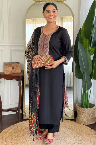 Black silk blend embroidered kurta trouser dupatta set