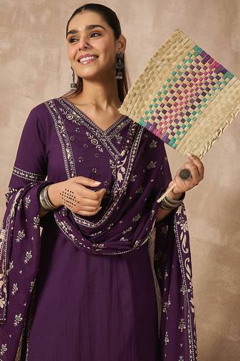Purple pure cotton printed kurta trouser dupatta set
