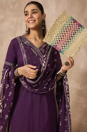 Purple pure cotton printed kurta trouser dupatta set