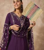 Purple pure cotton printed kurta trouser dupatta set