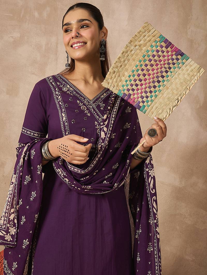 Purple pure cotton printed kurta trouser dupatta set