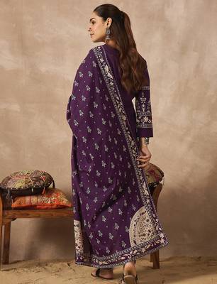 Purple pure cotton printed kurta trouser dupatta set 2