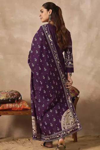 Purple pure cotton printed kurta trouser dupatta set