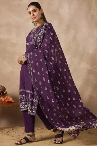 Purple pure cotton printed kurta trouser dupatta set