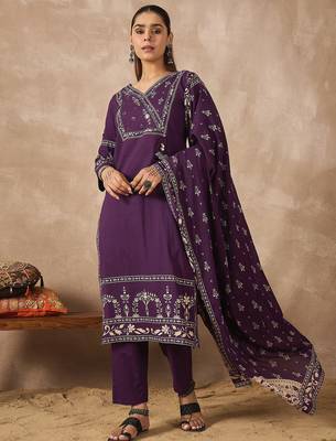 Purple pure cotton printed kurta trouser dupatta set 4