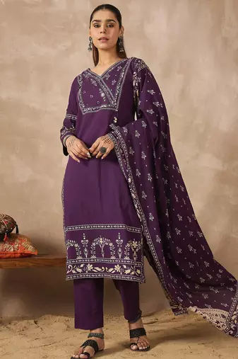 Purple pure cotton printed kurta trouser dupatta set