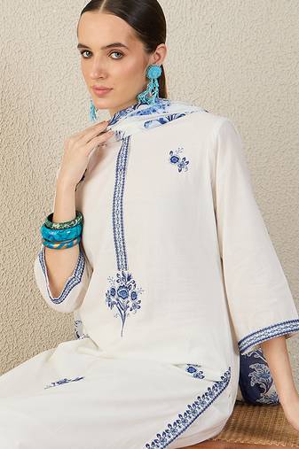 White pure cotton embroidered kurta trouser dupatta set