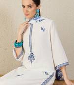 White pure cotton embroidered kurta trouser dupatta set