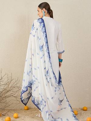 White pure cotton embroidered kurta trouser dupatta set 2