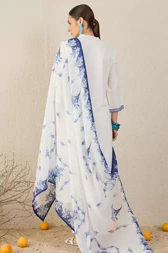 White pure cotton embroidered kurta trouser dupatta set