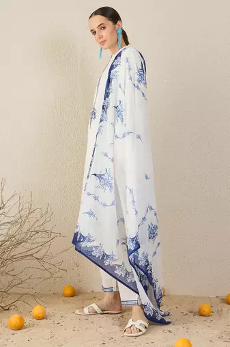 White pure cotton embroidered kurta trouser dupatta set