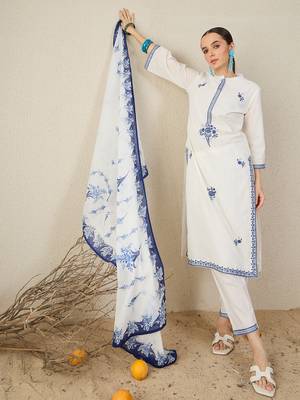 White pure cotton embroidered kurta trouser dupatta set 4
