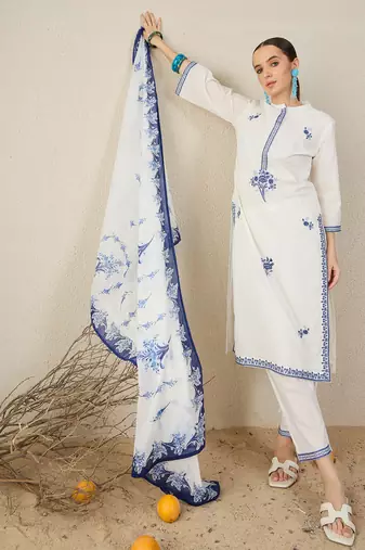 White pure cotton embroidered kurta trouser dupatta set