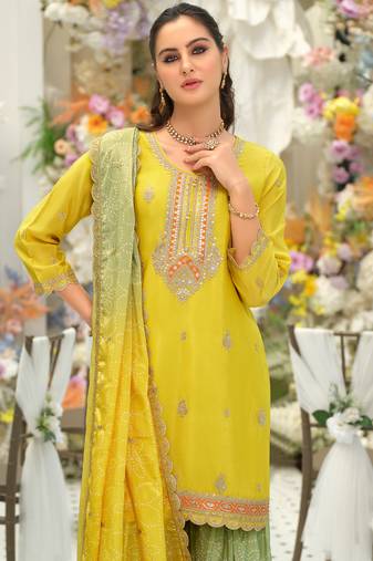 Yellow silk blend embroidered kurta trouser dupatta set