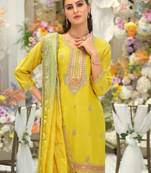 Yellow silk blend embroidered kurta trouser dupatta set